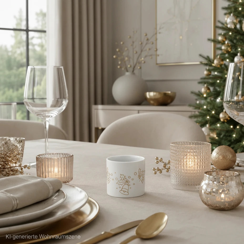 Sompex Teelichthalter aus weißem Porzellan mit goldenem Weihnachtsdekor auf einem festlich gedeckten Esstisch