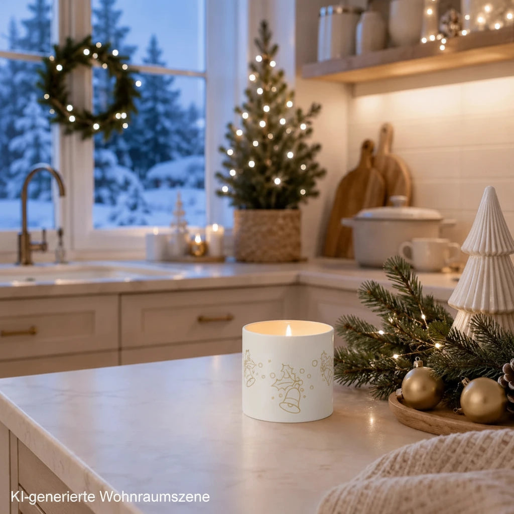 Sompex Porzellan-Teelichthalter in Weiß und Gold mit brennender Kerze in einer skandinavischen Weihnachtsküche
