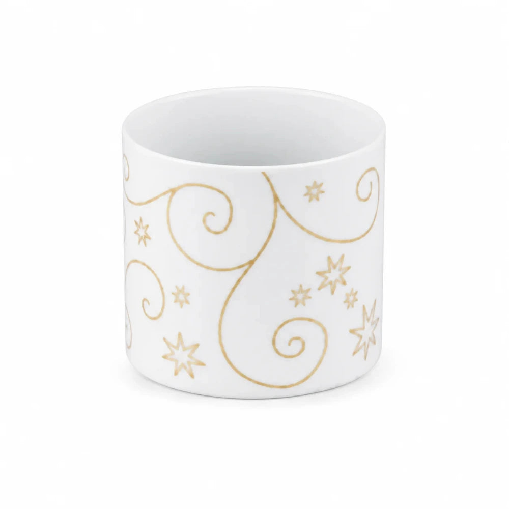 Weihnachtliches Teelichtglas aus weißem Porzellan mit goldenem Stern- und Rankenmotiv, 6,5 cm