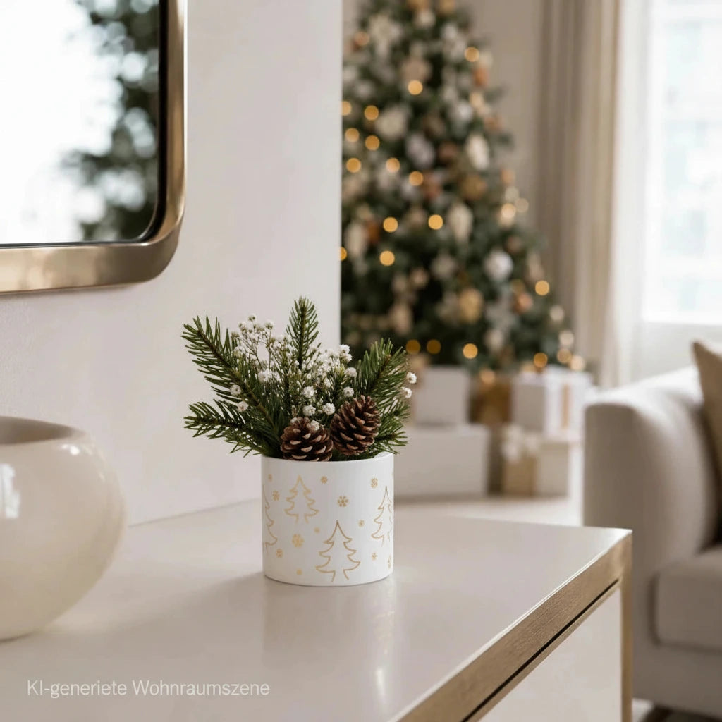 Weißes Porzellan-Teelichtglas mit kleinem Weihnachtsgesteck auf einer Konsole in modernem Wohnzimmer mit Weihnachtsbaum.