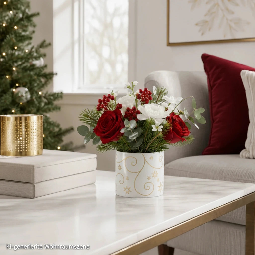 Weißes Porzellan-Teelichtglas mit Golddekor als kleine Vase mit festlichem Blumenstrauß im modernen Weihnachtswohnzimmer