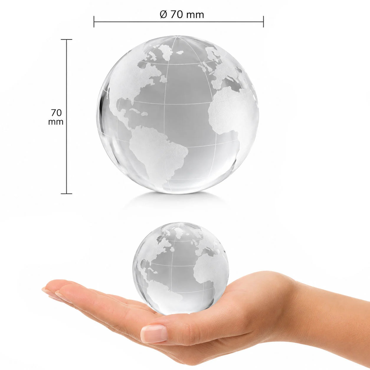 Massive Glaskugel Ø70 mm aus transparentem Vollglas mit gravierter Weltkarte und Größenangabe