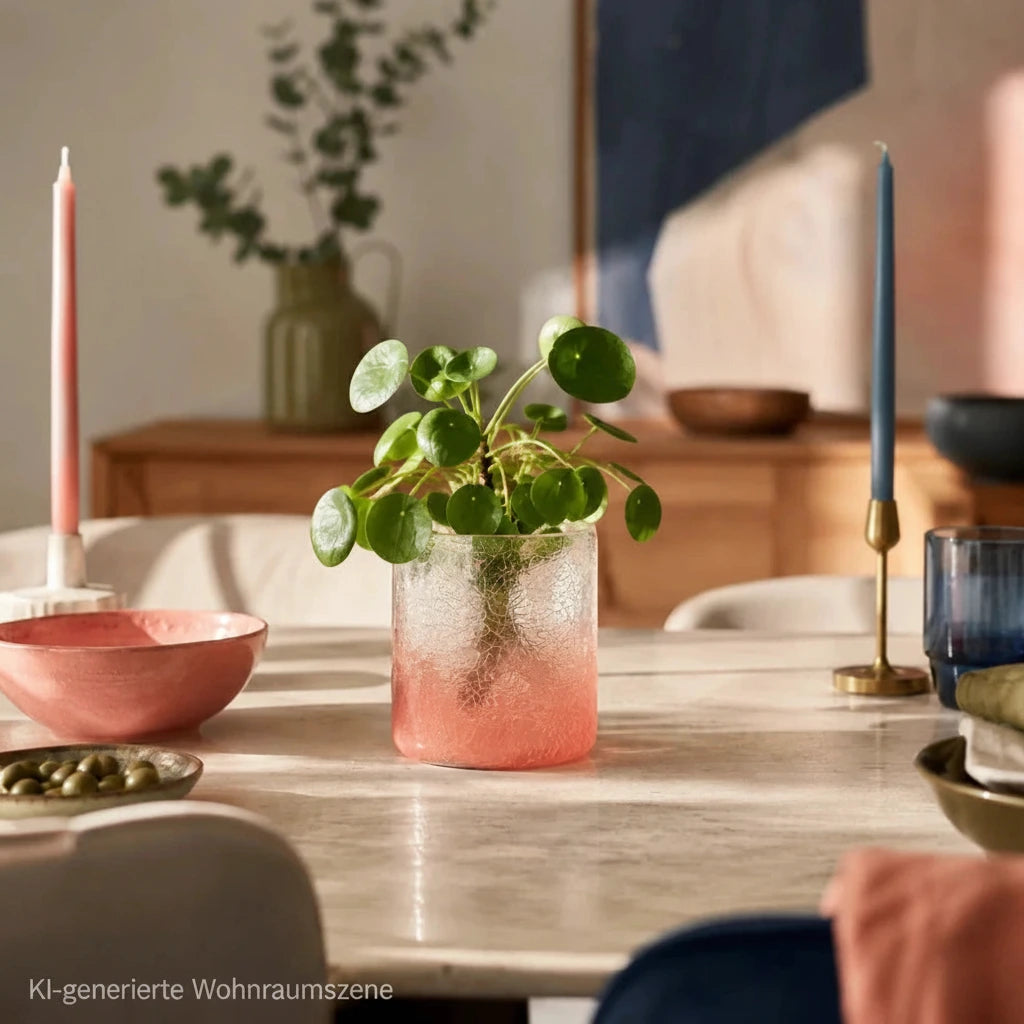Sompex Windlicht aus pinkem Crush Glas mit grüner Zimmerpflanze auf modernem Esstisch
