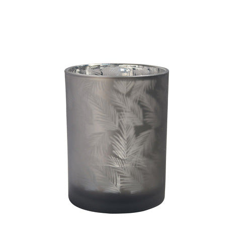 Windlicht Vase aus Glas grau mit Blattmuster 10cm Glas