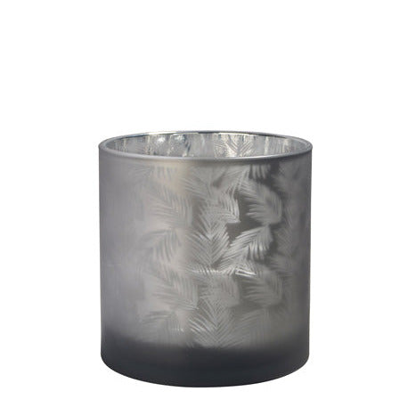 Windlicht Vase aus Glas grau mit Blattmuster 15cm Glas