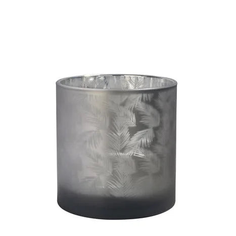 Windlicht Vase aus Glas grau mit Blattmuster 15cm Glas