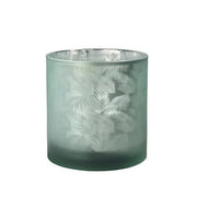Windlicht Vase aus Glas grün silber mit Blattmuster 15cm Glas