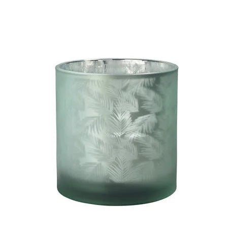 Windlicht Vase aus Glas grün silber mit Blattmuster 15cm Glas