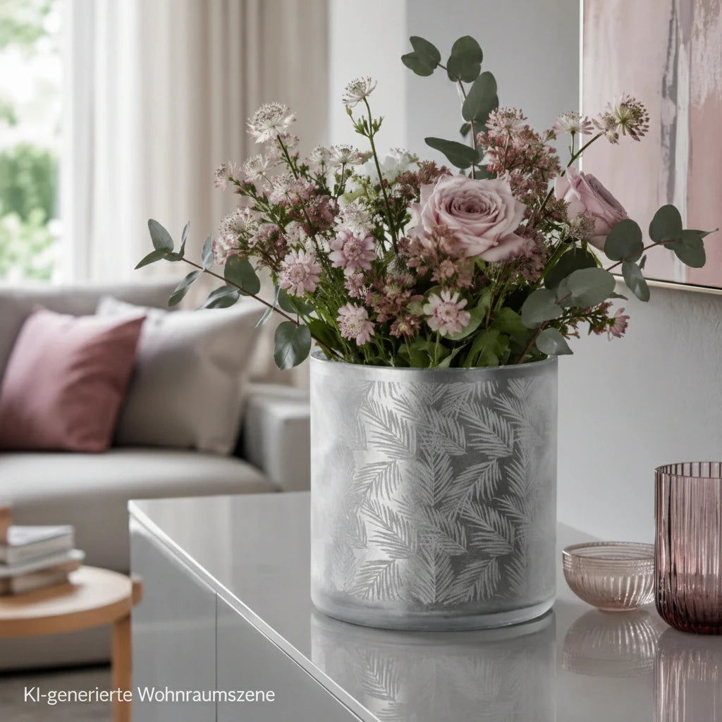 Sompex Awhia Windlicht Vase aus weiß-silbernem Glas mit rosa Blumenstrauß im modernen Wohnzimmer