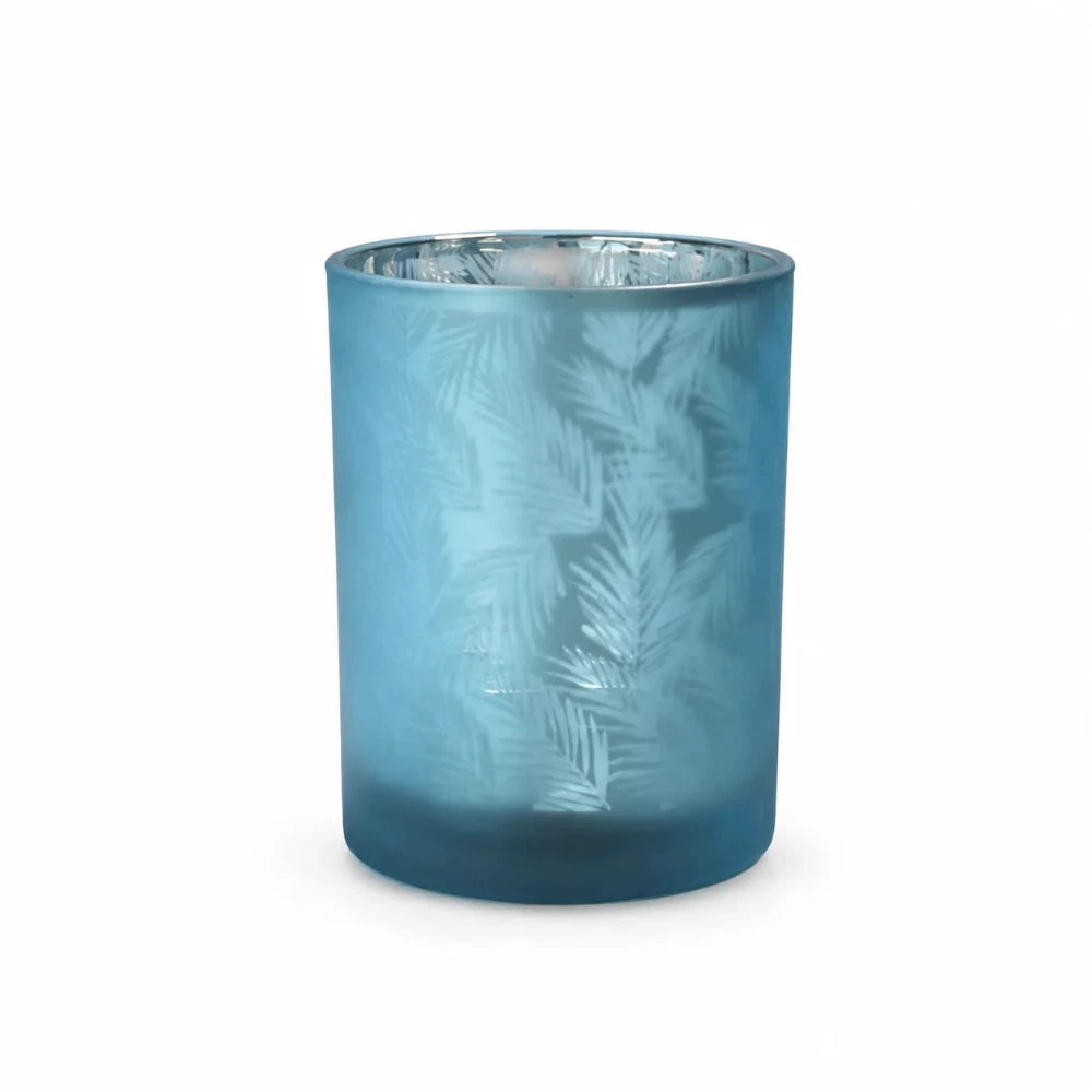 Windlicht Vase aus blau-türkisem Glas mit silberner Innenbeschichtung und dekorativem Farnmuster