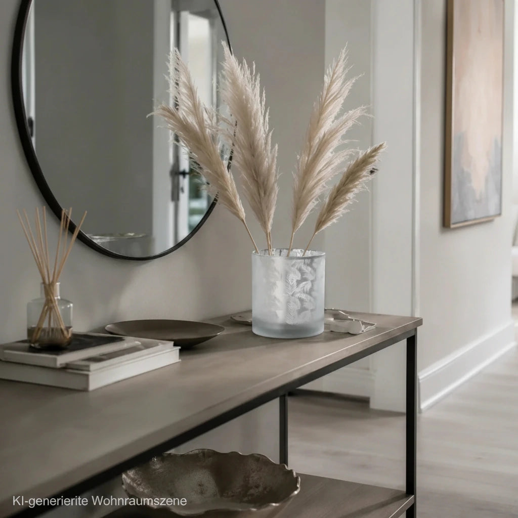 Dekorative Windlicht Vase aus weiß-silbernem Glas mit Farnmotiv in modernem Wohnambiente