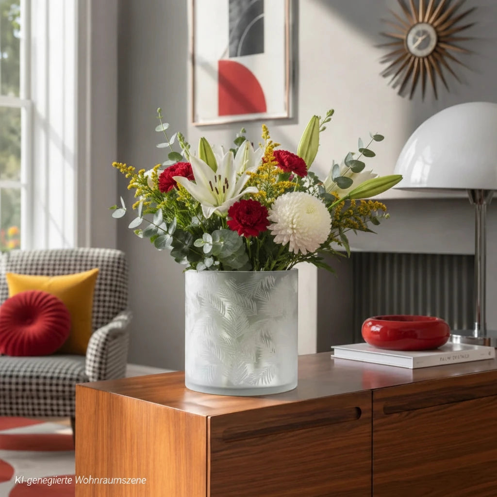 Hellgrau-weiße Sompex Glasvase mit Farnmuster und modernem Blumenstrauß auf einem Sideboard im Retro-Wohnzimmer