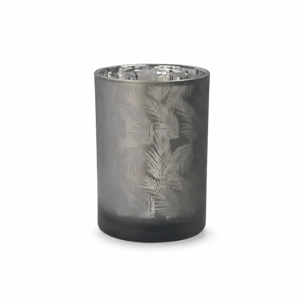 Windlicht Vase aus Glas in Grau-Silber mit feinem Blattmuster und glänzender Chrom-Innenbeschichtung