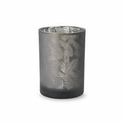 Windlicht Vase aus Glas in Grau-Silber mit feinem Blattmuster und glänzender Chrom-Innenbeschichtung