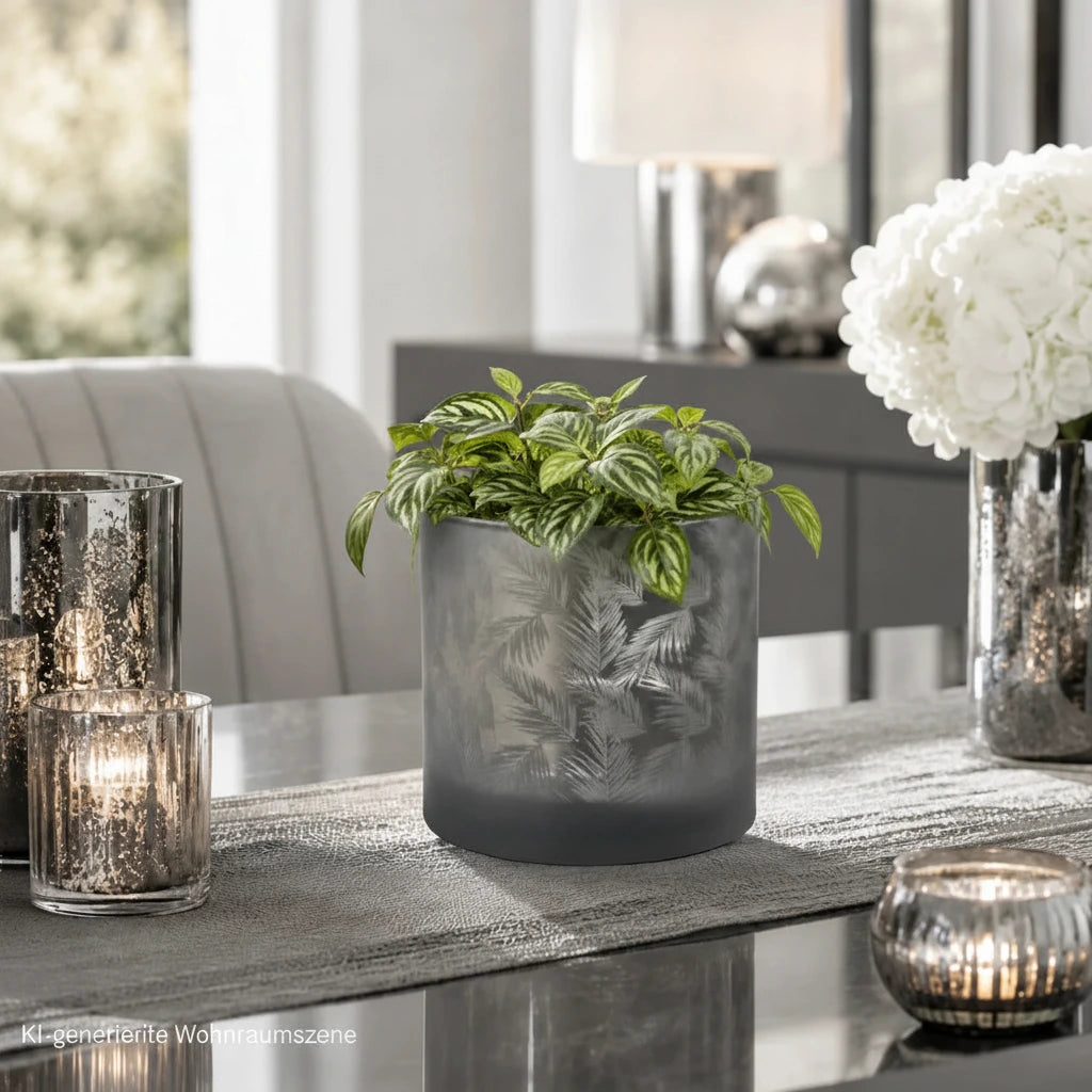 Windlicht Vase aus grau-silbernem Glas mit Blattmuster als elegante Tischdekoration im modernen Esszimmer
