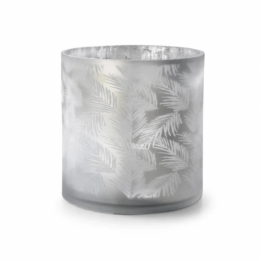 Windlicht Vase aus hellgrau-weißem Glas mit silberner Innenseite und dekorativem Farn-Blattmuster von Sompex