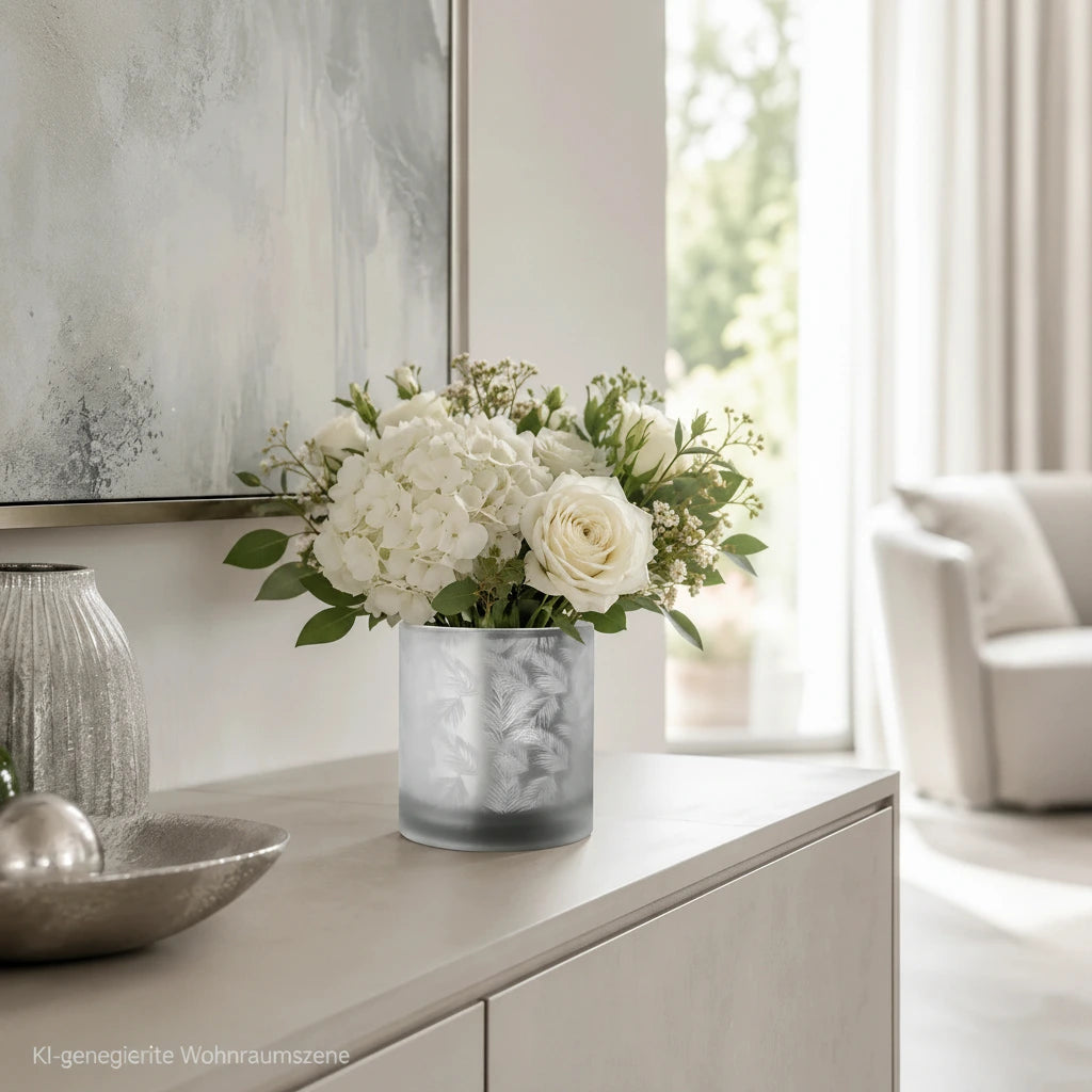 Weiß-silberne Windlicht Vase aus Glas mit Farnmotiv und Blumentrauß.