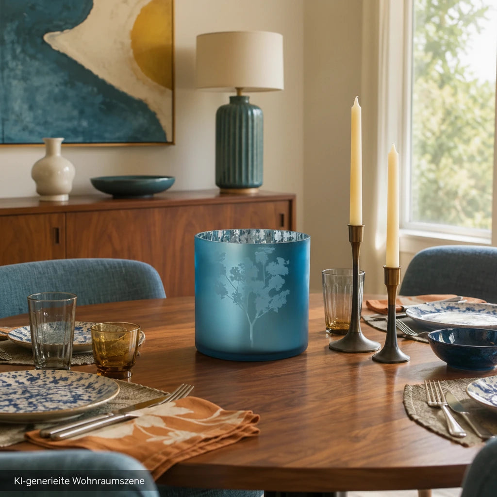 Windlicht Vase aus Glas in Blau-Silber mit floralem Blumenmuster, 24,5 cm, als dekoratives Wohnaccessoire auf einem Esstisch im modernen Retro-Esszimmer.