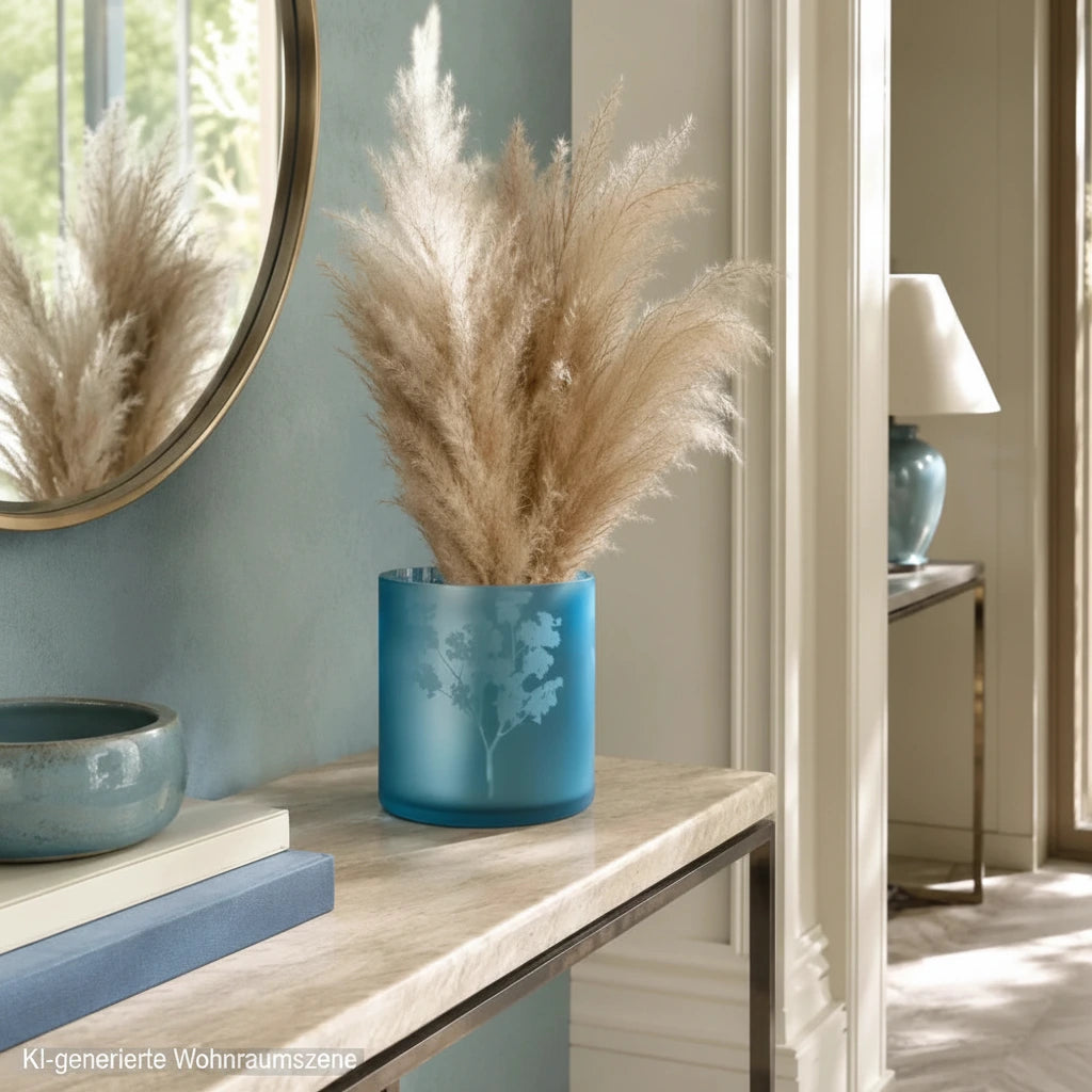Windlicht Vase Übertopf aus Glas Blau-Silber mit Blumenmuster, 24,5 cm, im eleganten Flur auf einer Konsole mit hellem Pampasgras dekoriert.