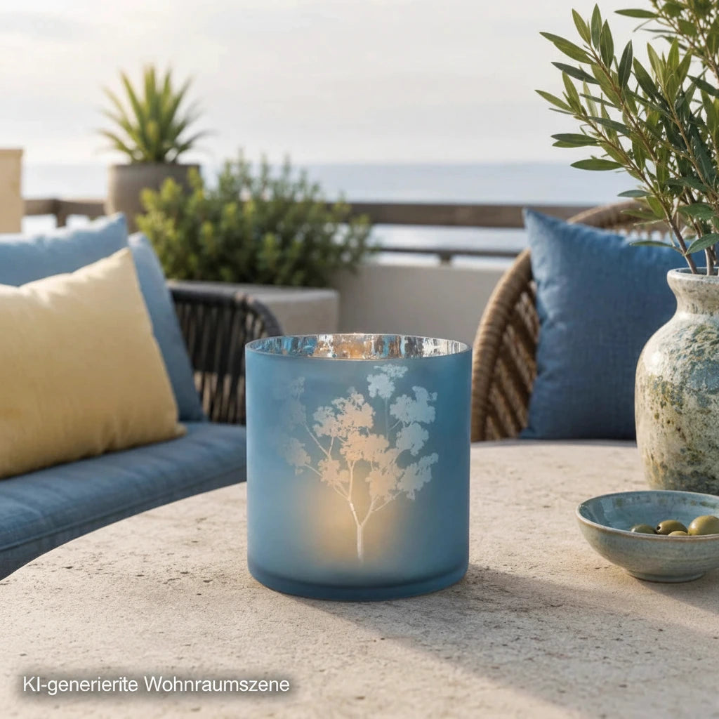 Windlicht Vase aus blauem Glas mit silberfarbener Innenseite und floralem Blumenmuster, 24,5 cm, auf einer modernen Terrasse mit sichtbarem Kerzenlicht dekoriert.