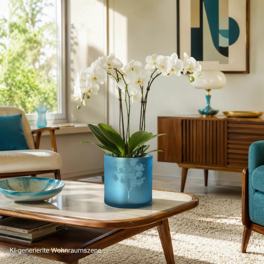 Windlicht Vase Übertopf aus Glas Blau-Silber mit Blumenmuster, 24,5 cm, im Retro-Wohnzimmer als Übertopf mit weißer Orchideenpflanze auf einem Couchtisch dekoriert.