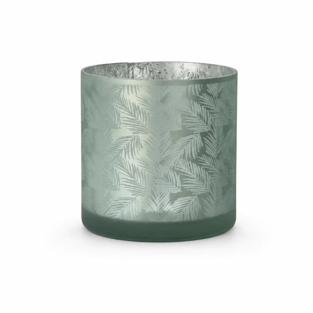 Windlicht Vase Übertopf aus Glas in Grün-Silber mit Farn- und Blattmuster, 20 cm, freigestellt auf weißem Hintergrund