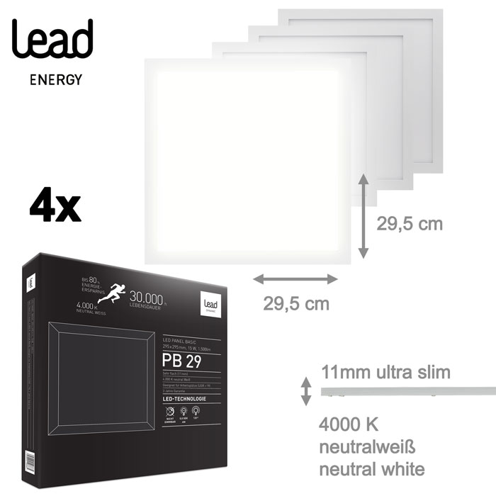 led-panel-30x30cm-einbau-4000K-pb29-lead-energy-saasil-de 4x PB29 LED Panel Einbau 29,5 x 29,5 cm 4000K 15W LEAD Energy