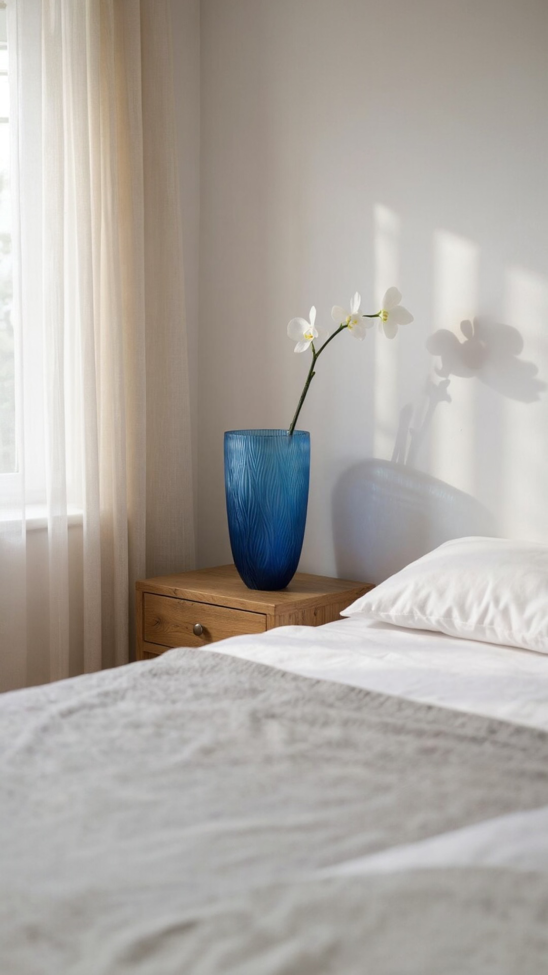 Schmale Glasvase Blau 28 cm – Mundgeblasen & handgeschliffen – Boho Deko-Vase mit Frost-Finish & Wellenmuster für Blumen & Pampasgras Schmale Glasvase Blau 28 cm – Mundgeblasen & handgeschliffen – Boho Deko-Vase mit Frost-Finish & Wellenmuster für Blumen & Pampasgras