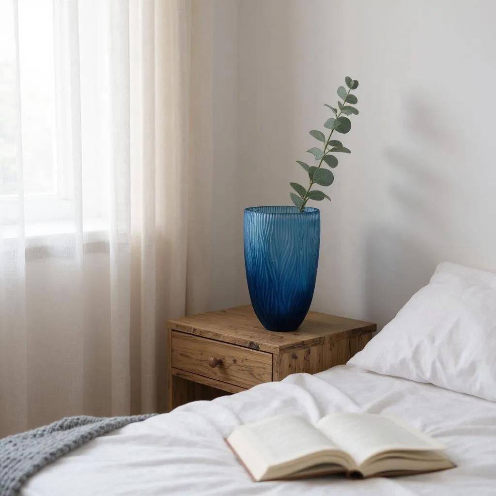 Schmale Glasvase Blau 28 cm – Mundgeblasen & handgeschliffen – Boho Deko-Vase mit Frost-Finish & Wellenmuster für Blumen & Pampasgras Schmale Glasvase Blau 28 cm – Mundgeblasen & handgeschliffen – Boho Deko-Vase mit Frost-Finish & Wellenmuster für Blumen & Pampasgras