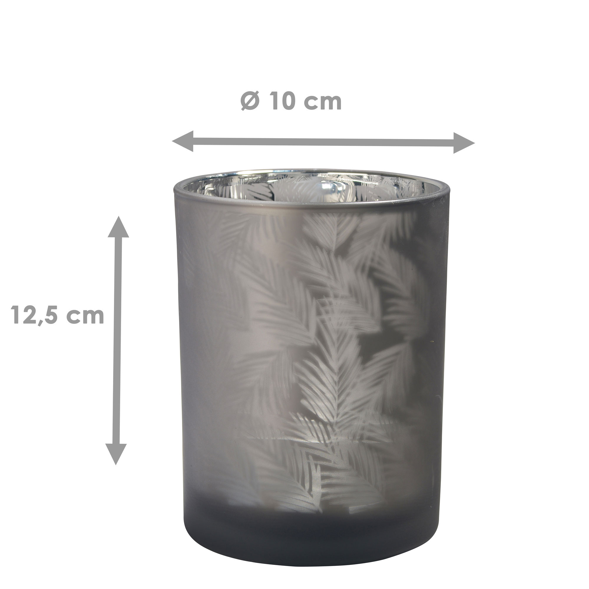 Windlicht Vase Glas Grau-Silber 10cm – Innen silberbedampft mit Farnmuster – Boho-Teelichthalter, Kerzenglas & Übertopf für Pflanzen oder Orchideen Windlicht Vase Glas Grau-Silber 10cm – Innen silberbedampft mit Farnmuster – Boho-Teelichthalter, Kerzenglas & Übertopf für Pflanzen oder Orchideen