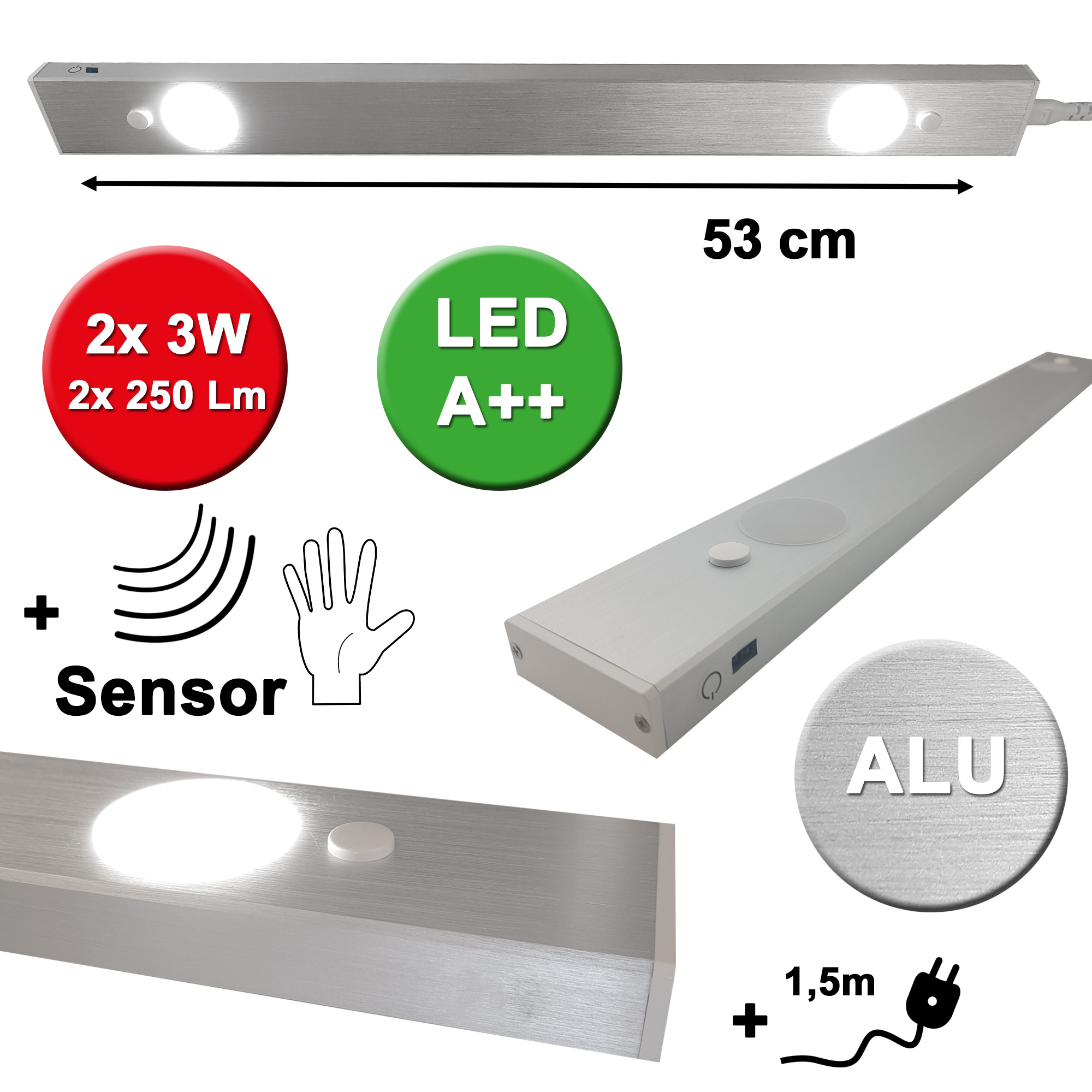 LED Unterschrankleuchte mit Schalter 53 cm Alu gebürstet | SW12903 | Unterbauleuchten